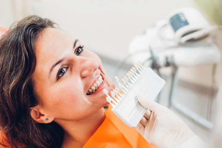 How Much Does Teeth Whitening Cost in Australia? 1 Smiling patient with a tooth shade guide