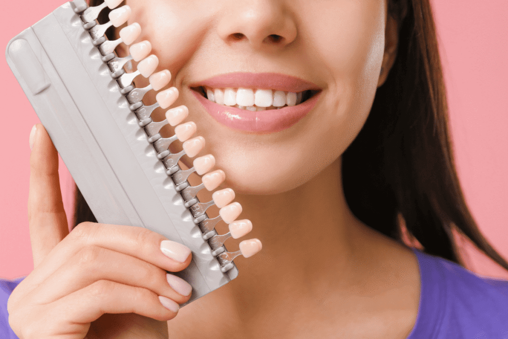 How to Remove Stains From Teeth 1 Tooth shade guide held beside a smile